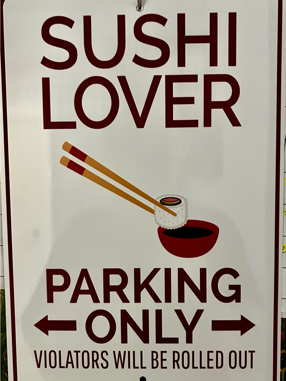 Sushi Lover Parking Only Wall Sign - Red and Tan (metal) 12x8 inches